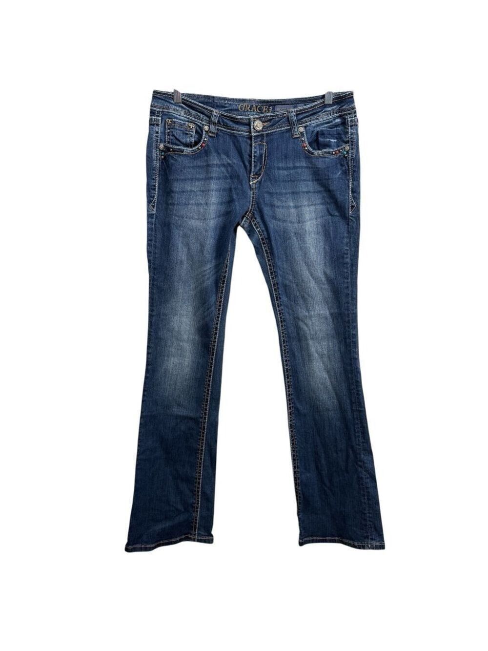 Grace in LA Boot Cut Jeans Size 30 Embellished Flap Pockets Mid Rise Denim
